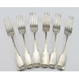 Six silver Fiddle pattern table forks. Two Georgian (London, 1806), three William IV, (London, 1837)