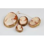Four Cameo brooches all in 9ct gold surrounds, various sizes