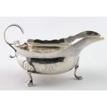 George II silver sauce boat, possible replaced handle and handle has been repaired. Has rubbed