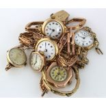 Seven 9ct gold cased ladies wristwatches all on 9ct bracelets. AF