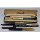 Pens. A collection of five fountain pens & one ballpoint pen, comprising three Parker 51 (one