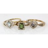 Three 9ct gemstone and diamond set rings to include tourmaline, tanzanite and blue topaz, weight 6.