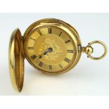 Mid-size 18ct cased half hunter pocket watch, hallmarked London 1879. The gilt dial with black roman