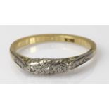 18ct yellow gold diamond three stone ring, finger size P, weight 2.5g