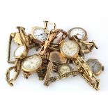 Ten 9ct gold cased ladies wristwatches. All AF