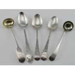 Two small Georgian condiment ladles and three Victorian bright-cut spoons. Five items in total,