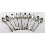 Ten silver 18th century teaspoons, includes five with the Incuse mark for London 1785, three shell