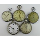 Four military pocket watches all with the ^ mark along with a military issue ? stopwatch. All AF