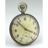 Gents military issue nickel cased open face pocket watch, the enamel dial with Arabic numerals,