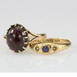 9ct garnet single stone ring, finger size O weight 3.9g. 18ct sapphire and seed pearl ring, finger