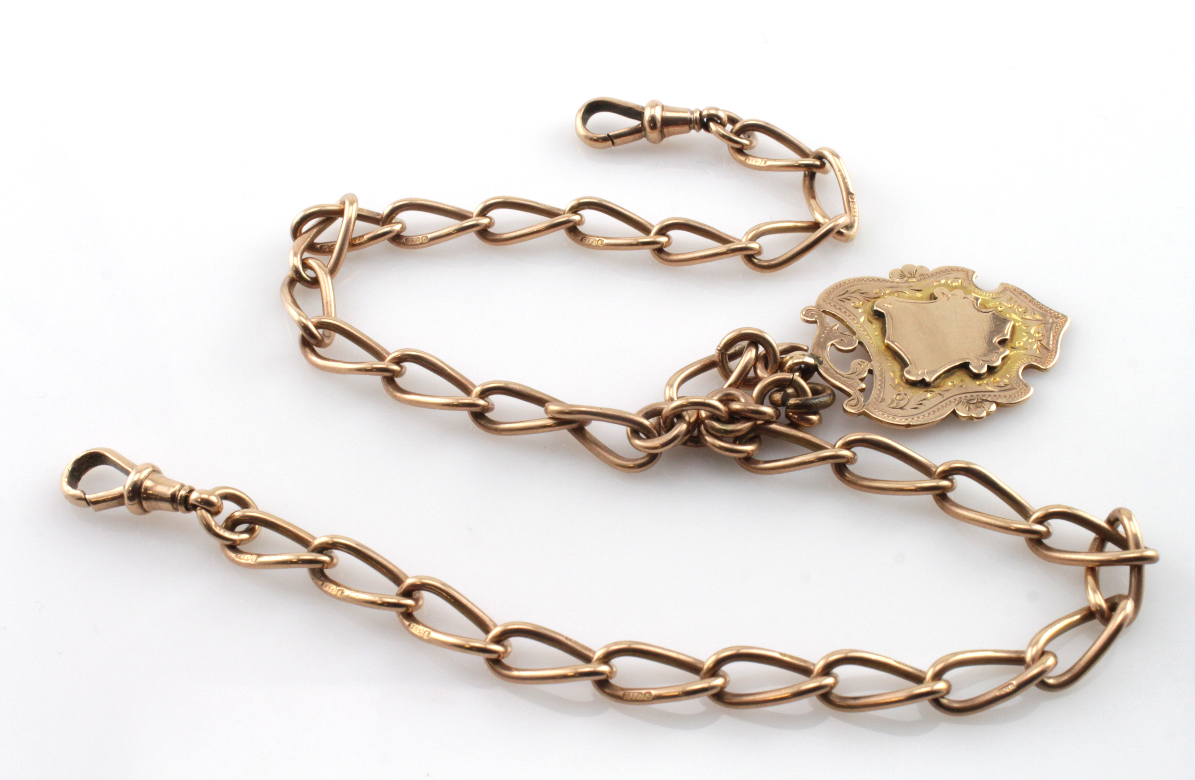 9ct Gold Albert Chain with 9ct Fob and Dog clips weight 36.4g