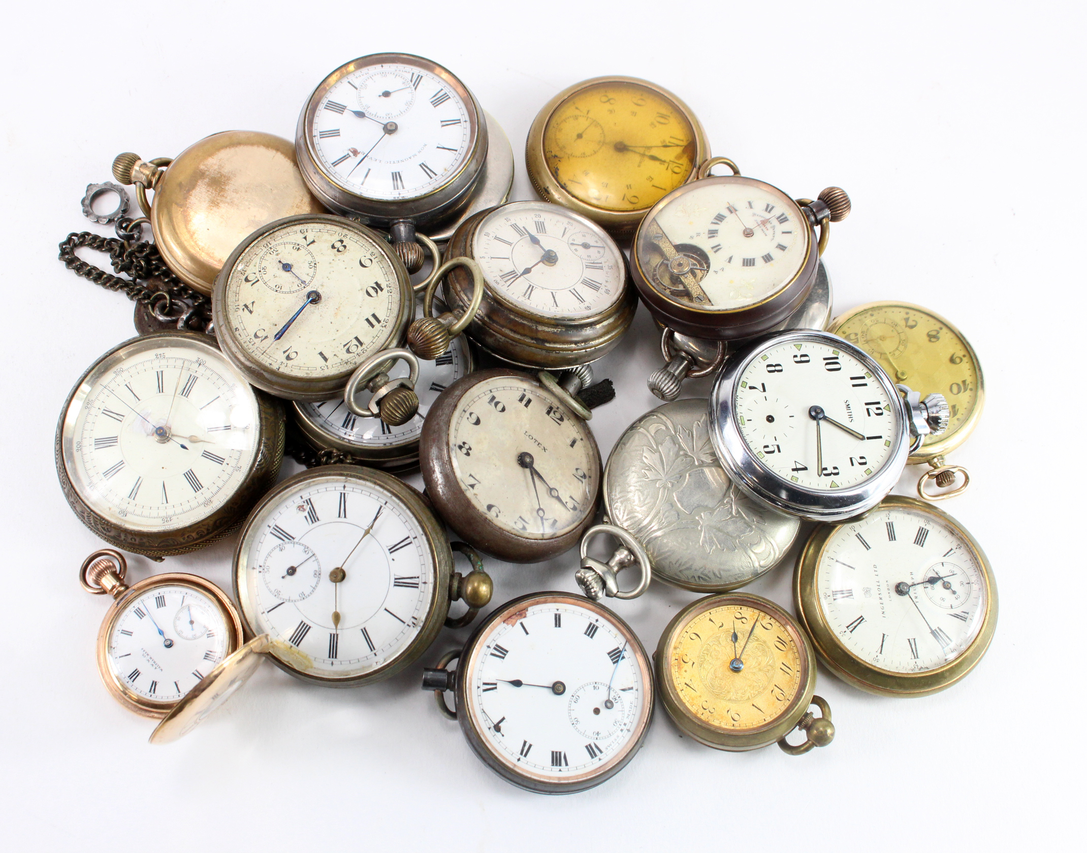 Nineteen gents pocket watches, all seem to be base metal examples.