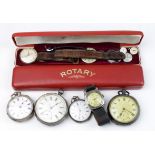 Mixed lot of silver watches, comprising four open faced silver watches, two hallmarked with