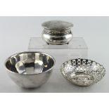 Two silver bowls and a silver ring box/tidy with various hallmarks. Weight of free silver (without