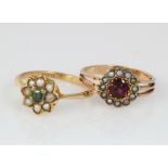 18ct garnet and pearl ring and 15ct emerald and pearl ring, weight 3.9g