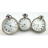 Three gents silver open face pocket watches, two marked 800 & 935 and one hallmarked London 1926.