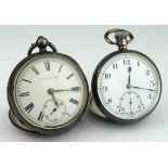Two gents silver cased open face pocket watches, hallmarked Birmingham 1922 & London 1886.