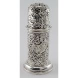Victorian highly decorated silver sugar caster, engraved on front "R&BD from W&WMS", hallmarked WF/