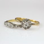 Two 18ct yellow gold diamond set rings, one cluster finger size O, weight 2.0g, one three stone