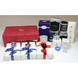 Crystal Glass. A group of boxed crystal glass ornaments, etc., makers include Swarovski, Hadrian,