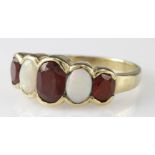 9ct opal and garnet five stone eternity style ring, finger size P, weight 3.3g