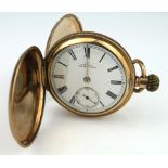 Gents gold plated full hunter pocket watch by Waltham, circa 1899. The signed white dial with