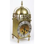 French Brass ornate mantle clock, with large bell above, silvered chapter ring, Roman numerals,