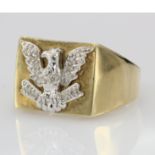 9ct Gold Diamond set Gents Eagle Ring size N weight 7.2g