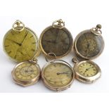 Six yellow metal / gold open face ladies / mid-size pocket watches. All AF