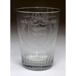 Glass Tumbler circa 1800 engraved with the Coat of Arms of Great Yarmouth and underneath the Arms it