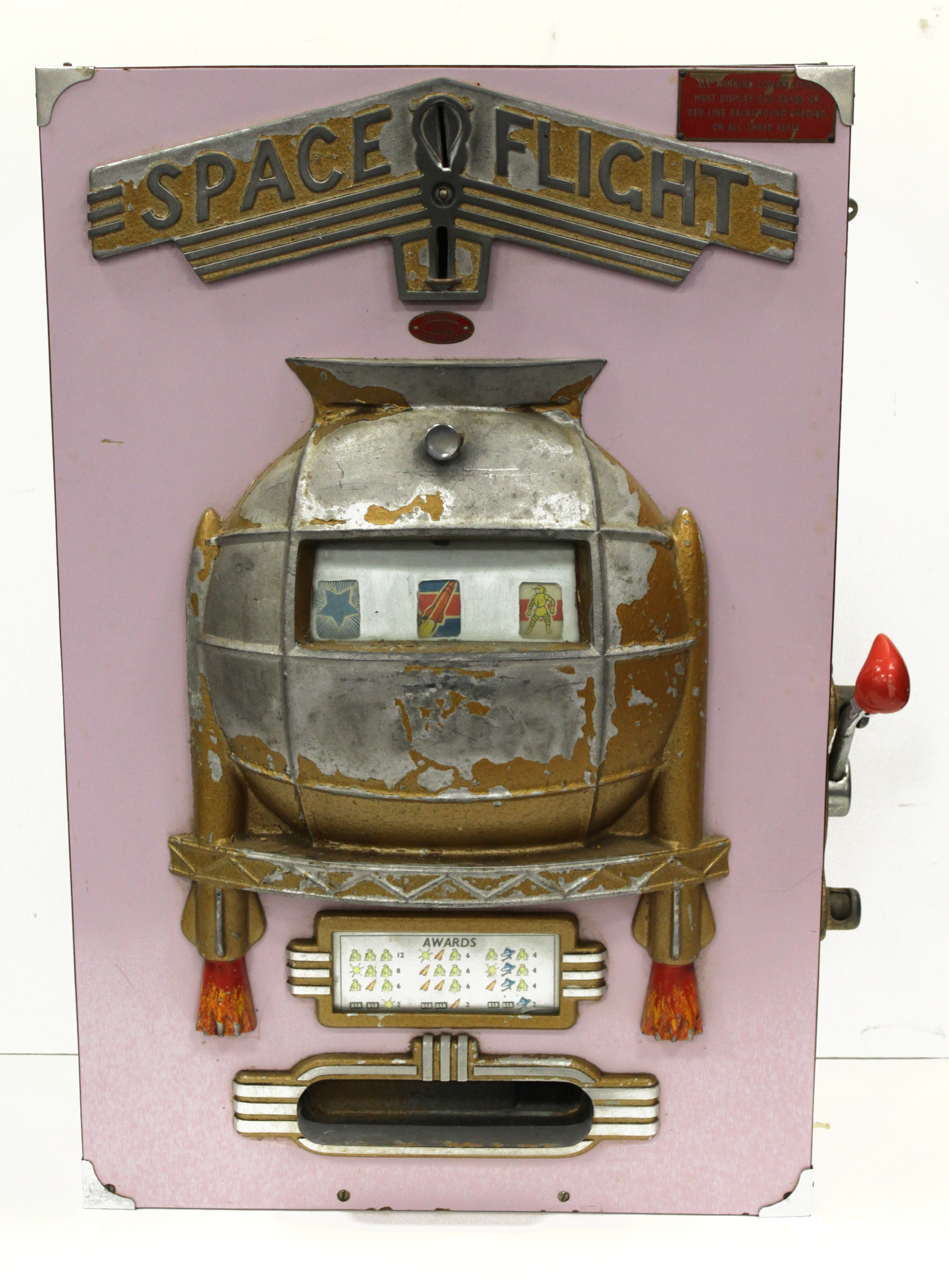 Space Flight penny slot fruit machine, circa 1950s, key present, height 72cm, width 46cm, depth 20cm