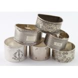 Six silver napkin rings, various dates, includes a First standard silver French Napkin Ring. Six
