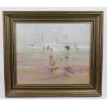 Local interest. E Gentry, 'Playing on the Beach', Oil on board. Signed lower left. Measures approx