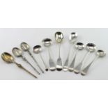 Mixed lot of ten silver Georgian condiment spoons. Comprising five salt spoons and two mustard