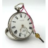 Gents silver cased open face pocket watch, hallmarked Chester 1857. The white dial with black