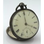 Gents silver cased open face pocket watch, hallmarked Chester 1858. The white dial with black