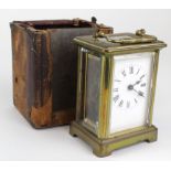 Brass five glass carriage clock, movement stamped 'R.&Co., Paris', white enamel dial with Roman