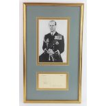 Duke of Edinburgh. An original signature of Prince Philip (Duke of Edinburgh), signed 'Philip, 23