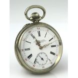 Gents nickel cased open face pocket watch by Friedrich Ludewig. The signed white dial with black