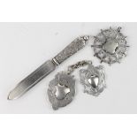 Small Victorian silver bookmark hallmarked L.S., Birmingham, 1896, plus three silver fobs/medals