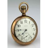 Gents gold plated open face pocket watch by Waltham circa 1903. The cream dial with black arabic
