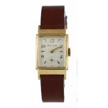 Gents Bulova 10kt gold filled wristwatch. The square cream dial with arabic / square markers &