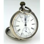 Gents continental silver open face pocket watch with twin subsidiary dials and stop watch