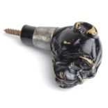Novelty walking stick handle, depicting a carved head of a bulldog, with glass eyes & silver collar,
