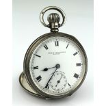 Gents silver cased open face pocket watch, hallmarked Birmingham 1925. The white dial with black