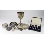 Silver. A collection of silver & white metal items, including, cup, serving spoon, set of six
