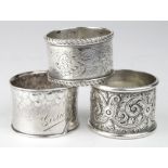 Three good quality silver napkin rings comprising, two heavy rings for Sheffield 1877 and London,