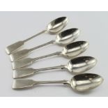 Five Exeter silver Fiddle Pattern dessert spoons, hallmarked J.W. J.W. (James & Josiah Williams),