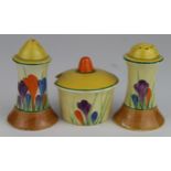 Clarice Cliff Bizarre Crocus pattern, salt, pepper & mustard pot, two pieces with small repairs (