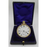 Gents 18ct cased open face pocket watch, Import marks for London 1907. The white dial with Roman